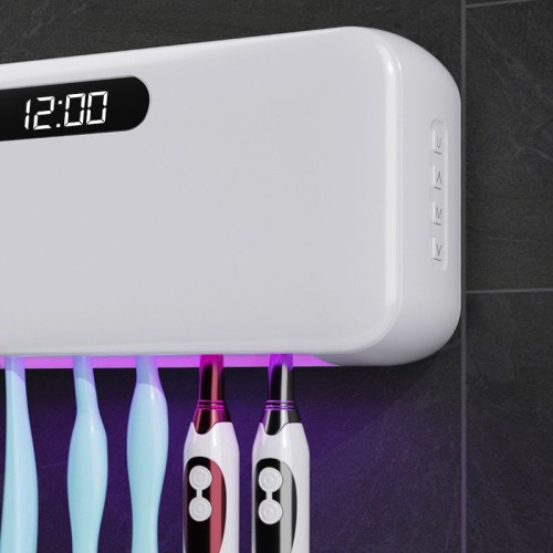 The family-sized electric toothbrush sanitizer features UVC light technology for effective cleaning